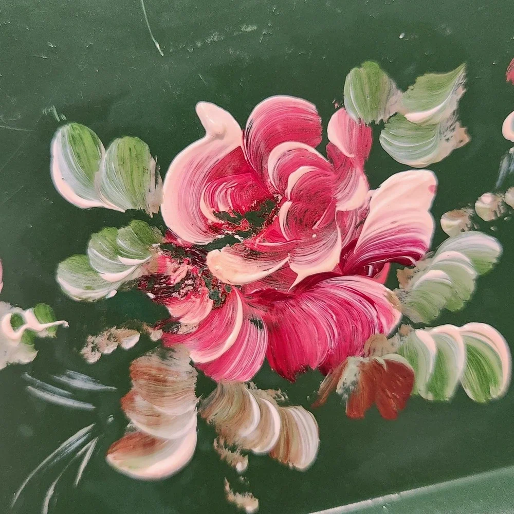 4 Vintage Hand Painted Floral Metal Trinket Tray Green Red Gold Folk‎ Art Trays